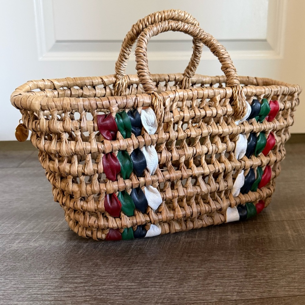 Clare V Bruno handwoven straw basket tote bag leather ribbons